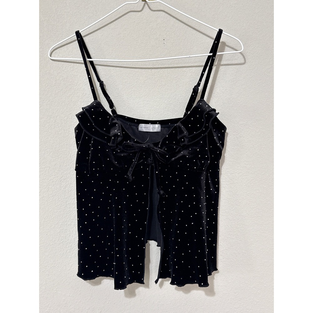 Y2K Frankee & Skylarr Tie Front Cami Top Medium Black Velvet Studded Ruffle